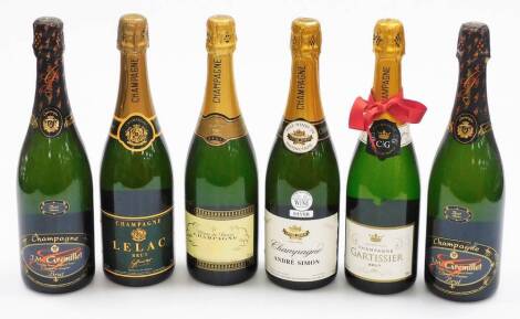 Six bottles of champagne, to include Lelac Brut, two J.M. Gremillet, a Blanc De Noirs champagne by Tesco, an Andre Simon, and a Gartissier. (6)