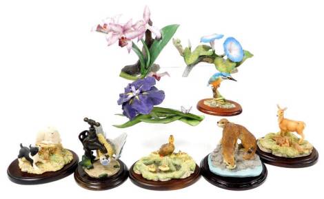 Various Border Fine Arts and other animal figure groups, to include a Country Artists Blue Tit on Tap CA193, a Chiltern Collection Deer RW7 group on plinth base, a mallard RW4 on plinth base, a kingfisher M24 on plinth base, a Border Fine Arts lamb and do