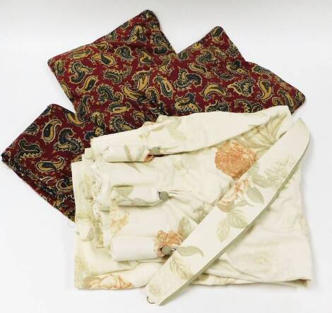 A pair of fruit and flower design drop curtains, and red Art Nouveau cushion covers and loose material. (a quantity) N.B. This lot is sold on behalf of the Rotary Club of Grantham.