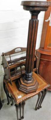 A group of furniture, comprising an oak plant stand/pulpit on reeded column terminating in staggered base, a modern magazine rack, a nest of three mahogany tables and a dressing table mirror. (4)