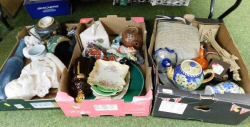 Various porcelain ornaments and effects, to include a stoneware vase, two Chinese figures, stoneware teapot, bear figure, etc. (3 boxes)