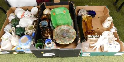 Various teapots and ornaments, to include a coronation cup and saucer, a milk jug, animal figure group, glassware, silk glazed teapot, various teapots, milk jugs, etc. (3 boxes)