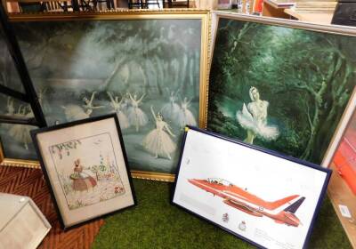 Various framed pictures and prints, to include a print of a ballerina, print of a ballet scene, a signed print after Hawk T.1A SX260 RAF Scampton, and a needlework. (4)