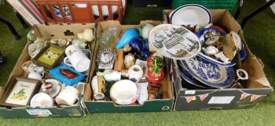 A group of ceramics, comprising planter, blue and white dinner plates and tureen, collectors plates, dressing table set, miniature teapot, ceramic mustard pot, studio pottery plate, etc. (3 boxes)