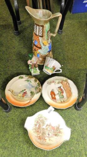 A group of ceramics, to include three Royal Doulton bowls, to include Rustic England, The Gleaners, Under The Greenwood Tree, a Woods Art Deco tea cup, a Samson type figure and a HJ Wood limited Burslam jug depicting figures at the pub. (6)