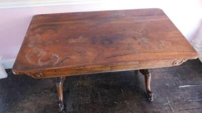 An early Victorian rosewood library table by Holland & Sons, the rectangular top above two frieze drawers, on turned end supports, carved with paterae, leaves, etc., with splayed scroll carved feet, the right hand drawer is marked 'From Holland & Sons' an - 3