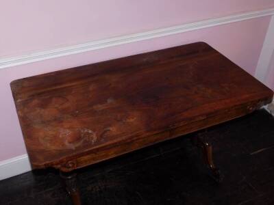 An early Victorian rosewood library table by Holland & Sons, the rectangular top above two frieze drawers, on turned end supports, carved with paterae, leaves, etc., with splayed scroll carved feet, the right hand drawer is marked 'From Holland & Sons' an - 4