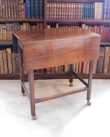 An early 19thC mahogany Pembroke table, with a plain planked top above a frieze drawer on chamfered legs with stretcher, later castors and adapted, 71cm wide.