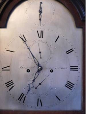 Barraud of Cornhill, London. A George III mahogany longcase clock, the arched silver dial with strike silent and Roman numerals, eight day four pillar movement, in mahogany case with arched hood, canted reeded corners and pierced sides, lacking fret work, - 2