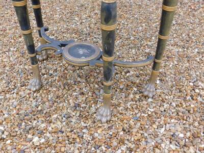 A Regency gilt and ebonised console or pier table in the manner of George Smith, the shaped top to simulate marble, with a reeded edge above a plain frieze on ring turned legs, joined by a circular undertier decorated with scrolls, on paw feet, 92cm high, - 3