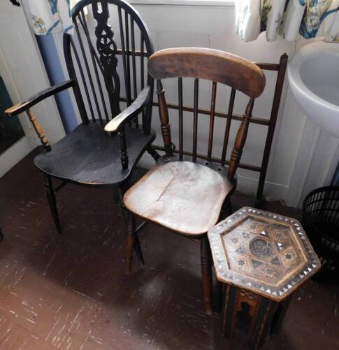 Four items of furniture, to include a 19thC spindle turned kitchen chair with elm seat (AF), an ebonised Windsor open armchair, a Middle Eastern Moorish ebonised and mother of pearl inlaid small occasional table and a towel rail.