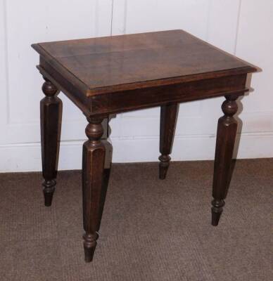 A Victorian oak side table, the rectangular planked top with a moulded edge, a plain frieze on part turned and chamfered tapering legs, 64cm high, 62cm wide, 48cm deep.