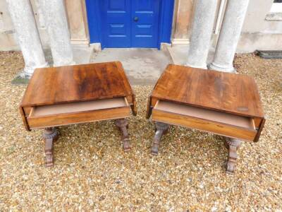 A pair of William IV rosewood sofa tables, each rectangular top with rounded corners above a frieze drawer and a beaded edge, on turned beaded end supports with rectangular platform and scroll carved feet, 73cm high, the top 138cm wide, 71cm deep. - 4