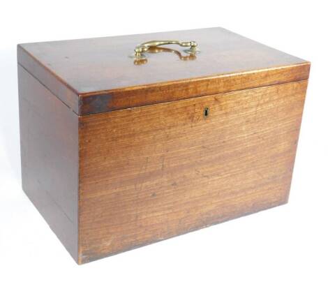 An early 19thC mahogany box with brass swan neck handle, having hinged lid, 28cm high, 43cm wide, 26cm deep.