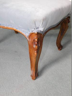 A Victorian walnut stool, with powder blue upholstered padded seat on carved cabriole legs, 64cm wide. - 2