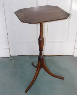 A Regency mahogany occasional table, the canted rectangular top on a slender turned column and splayed legs, 74cm high, 41cm wide.