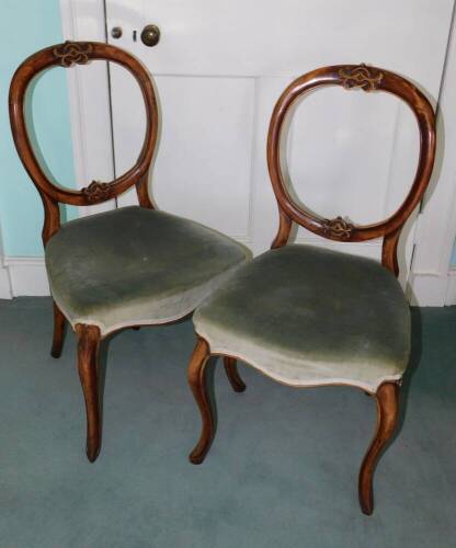 A pair of Victorian walnut balloon back chairs, each with a padded seat on cabriole legs.