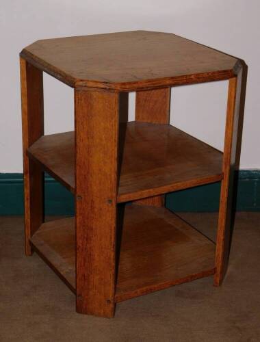 An Art Deco oak occasional table, with canted square top, 45cm square.