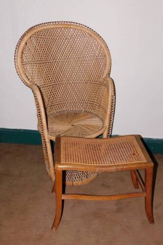 An Edwardian beech stool, with cane top and later peacock chair. (2)