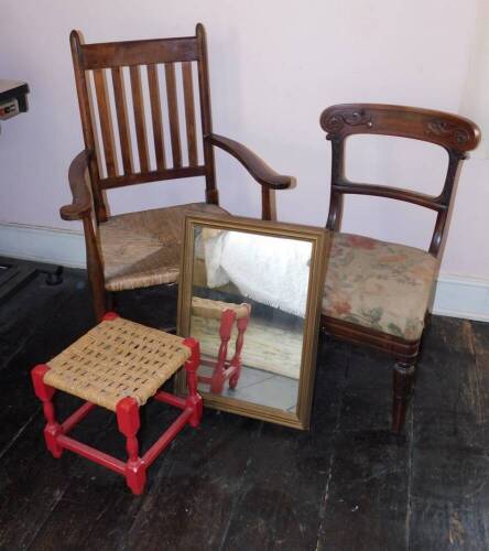 A rush seated beech carver chair, a Victorian dining chair, gilt framed mirror and small red painted stool. (4)