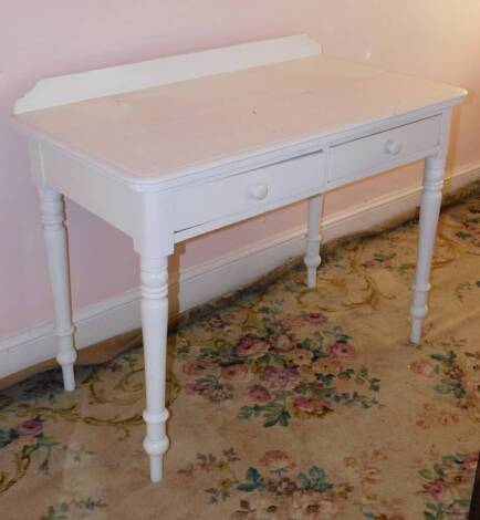 A Victorian painted side table, with two drawers, knop handles and turned legs, 107cm wide.