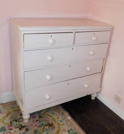 A Victorian painted chest, of two short and three long graduated drawers with knop handles and turned feet, 105cm wide.