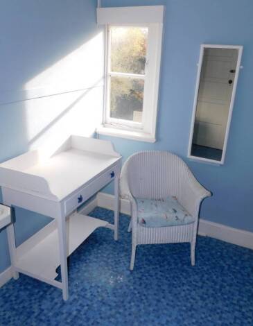 A 19thC painted washstand, 61cm wide, Lloyd Loom chair and rectangular wall mirror. (3)