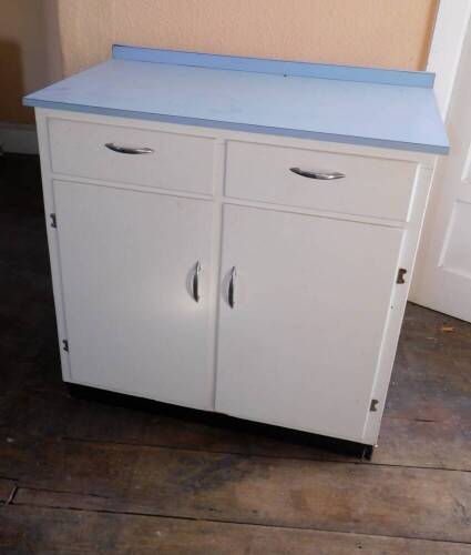 A 1950s formica top kitchen cabinet, with chrome handles, 94cm wide.