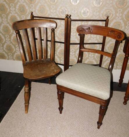 Three items of 19thC and later furniture, to include a William IV rosewood dining chair carved with scrolls, patera, etc. and with a drop in seat on turned lotus carved legs, incomplete, a lath back chair and a double towel rail.