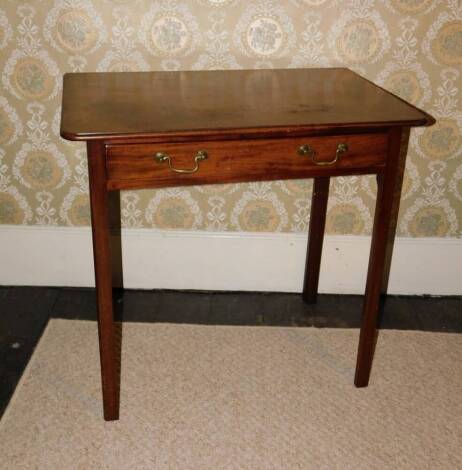 An early 19thC mahogany side table, with moulded and rounded rectangular top, frieze drawer with brass bombe handles and chamfered square legs, 76cm wide, 50cm deep.