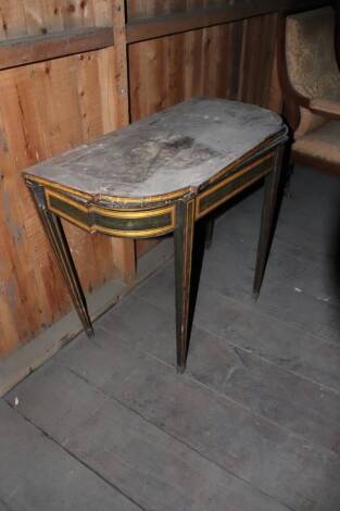 A George III Sheraton style mahogany and satinwood table, with shaped and folding top, later painted with simulated satinwood banding to the top and similarly to the frieze and square tapering legs, 92cm wide. (AF)