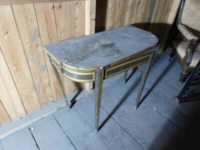 A George III Sheraton style mahogany and satinwood table, with shaped and folding top, later painted with simulated satinwood banding to the top and similarly to the frieze and square tapering legs, 92cm wide. (AF) - 2