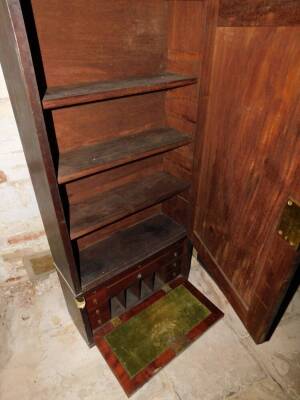 A 19thC mahogany cabinet top for an escritoire, with single door cupboard, with shelves over a fall flap revealing a fitted interior, 123cm high, 51cm wide, 22cm deep. - 2