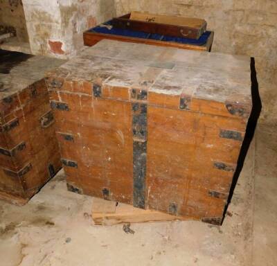 An iron bound oak silver chest, 65cm high, 81cm wide, 57cm deep.