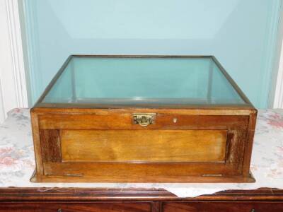 A late 19thC/early 20thC tabletop display case, with glazed top and sides enclosing a velvet lined interior, the panelled door with brass fittings and a lock, 21.5cm high, 60cm wide, 57.5cm deep. (AF)