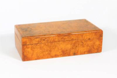 A 19thC burr walnut rectangular box, with hinged lid, 17cm high, 9cm wide, 5cm deep, and a small collection of shells.