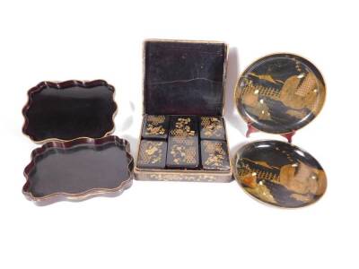 Oriental lacquer ware, including square box with internal box compartments, wavy ordered box and cover, and two circular trays 26cm diameter. (4) - 2