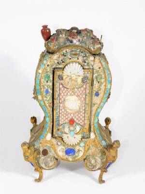 A 19thC French porcelain mantel clock, rococo scroll design with rosebud and foliate finial, with guilloche engraved steel dial and Roman numerals, bears indistinct signature, with eight day movement striking on a bell, the case with Parisian makers mark - 4