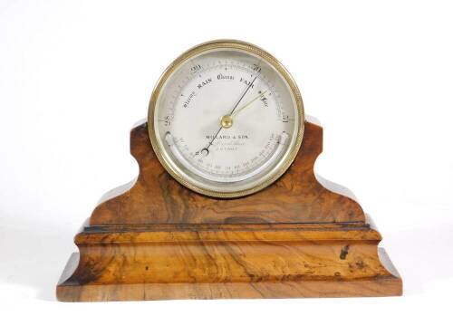 A Victorian drum head walnut and gilt brass mantel aneroid barometer, by Millard & Son of London, 19cm high, 26cm wide.