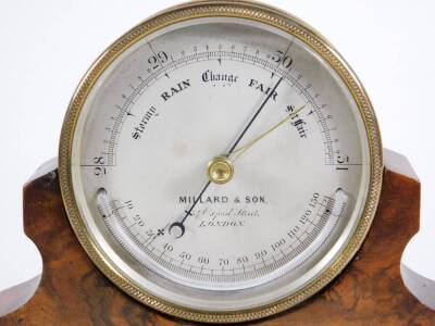 A Victorian drum head walnut and gilt brass mantel aneroid barometer, by Millard & Son of London, 19cm high, 26cm wide. - 2