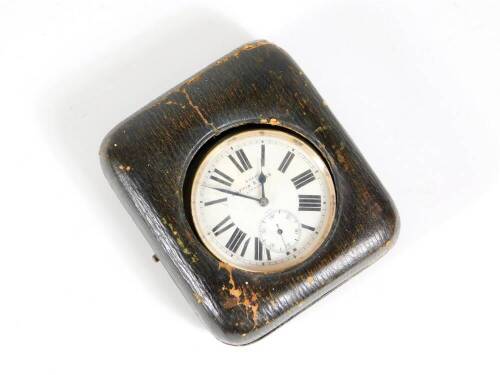 An Edwardian Goliath pocket watch by Mappin and Webb of London in nickel case, with white enamel dial and Roman numerals and subsidiary seconds hand, in a fitted green Morocco table case stand, lacking easel support to the back.