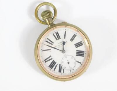 An Edwardian Goliath pocket watch by Mappin and Webb of London in nickel case, with white enamel dial and Roman numerals and subsidiary seconds hand, in a fitted green Morocco table case stand, lacking easel support to the back. - 3