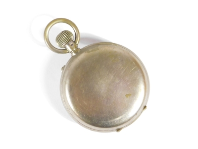 An Edwardian Goliath pocket watch by Mappin and Webb of London in nickel case, with white enamel dial and Roman numerals and subsidiary seconds hand, in a fitted green Morocco table case stand, lacking easel support to the back. - 4