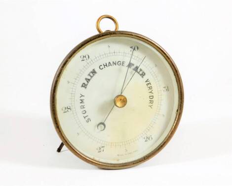 A mid 20thC brass cased table aneroid barometer, with ring handle/hanger, 15cm high.