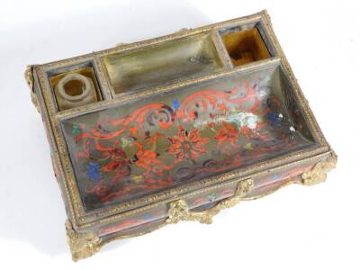 A 19thC French Boulle work encrier desk stand, with ormolu swag mounts and bacchanalian mask head scrolling feet, lacking one ink receiver and one cover finial, 25cm x 17cm x 10cm. (AF) - 3