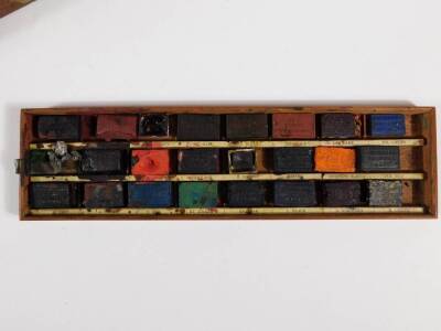 A George III mahogany artist's paint box for R Ackermann of Regent Street, the fitted interior with a tray of watercolour tablets and with porcelain bowls and various paints, glass jars, etc., with a paper label for R Ackermann to the hinged lid, together - 5