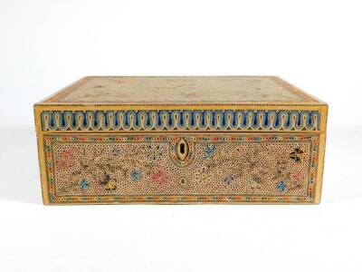 A Regency rolled paper scroll workbox, the hinged lid and sides decorated with sprigs of flowers, insects and butterflies, the lid bearing initial 'L' (for Little), the interior with a pink paper lining, and the contents to include a pin cushion and threa - 3