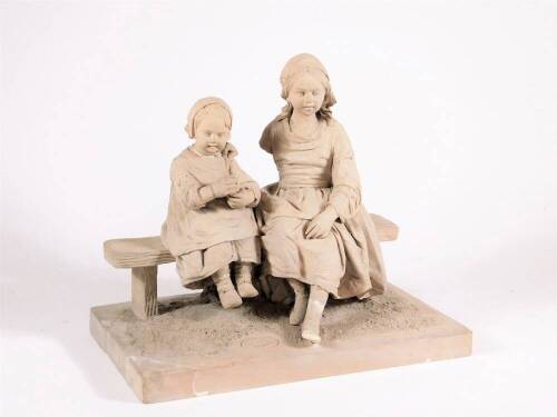 A Victorian bisque stoneware figure group, of two young country girls sitting on a bench, the rectangular base stamped Graillons, 1850, 30.5cm x 17.5cm, 26cm high. (AF)