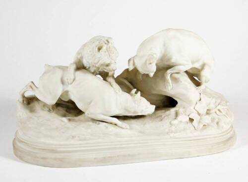 A 19thC Copeland Parian ware group after P.J. Mene, of three terriers at a rabbit hole entitled 'Chasse au Lapin', moulded on a naturalistic base, with moulded plinth, 16.5cm high. (AF)