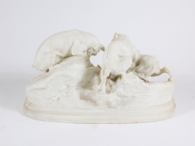 A 19thC Copeland Parian ware group after P.J. Mene, of three terriers at a rabbit hole entitled 'Chasse au Lapin', moulded on a naturalistic base, with moulded plinth, 16.5cm high. (AF) - 3